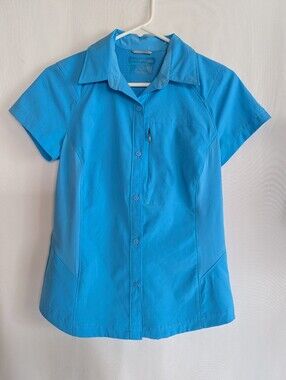 Women's XS Columbia Turquoise Blue Short Sleeve Button-Up Shirt Hiking Travel
